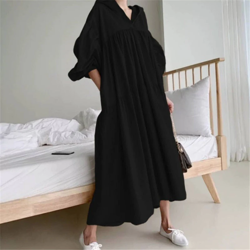 Christmas Gift Deanwangkt early spring simple solid cascading pleated hoodies down solid long dress simple classic retro temreprament dress Deanwangkt new - Deanwangkt
