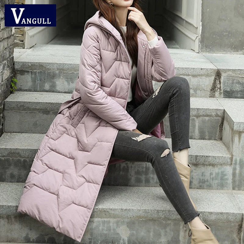 Christmas Gift  Winter Hooded Long Women Parkas Jacket Slim Warm Casual Elegant Office Ladies Parkas Thicken Basic Belt Zipper Coats - Deanwangkt