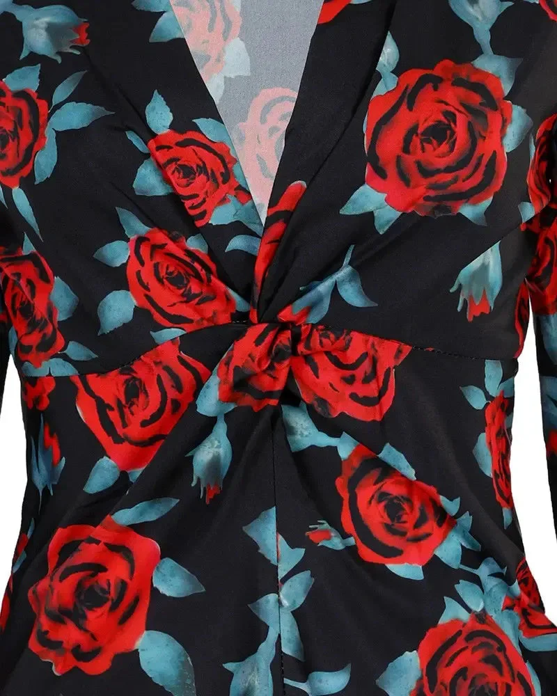 Deanwangkt - Floral Print Long Sleeve V-Neck Top - Deanwangkt