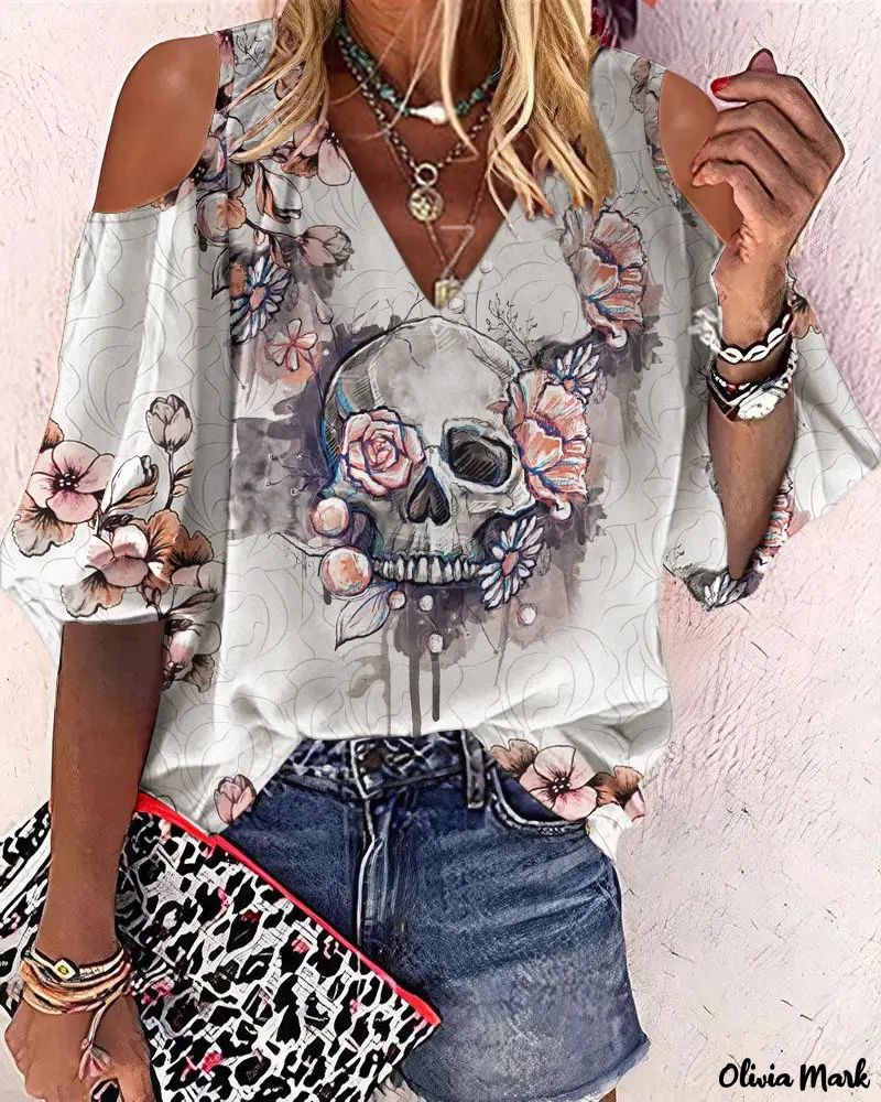 Deanwangkt - Halloween Skull Floral Print Off Shoulder Top - Deanwangkt