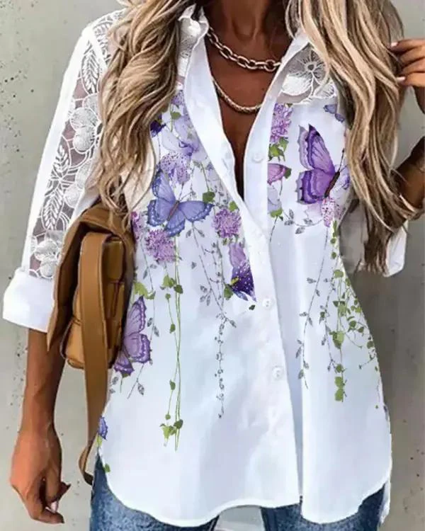 Deanwangkt - Butterfly floral print contrast lace shirt - Deanwangkt