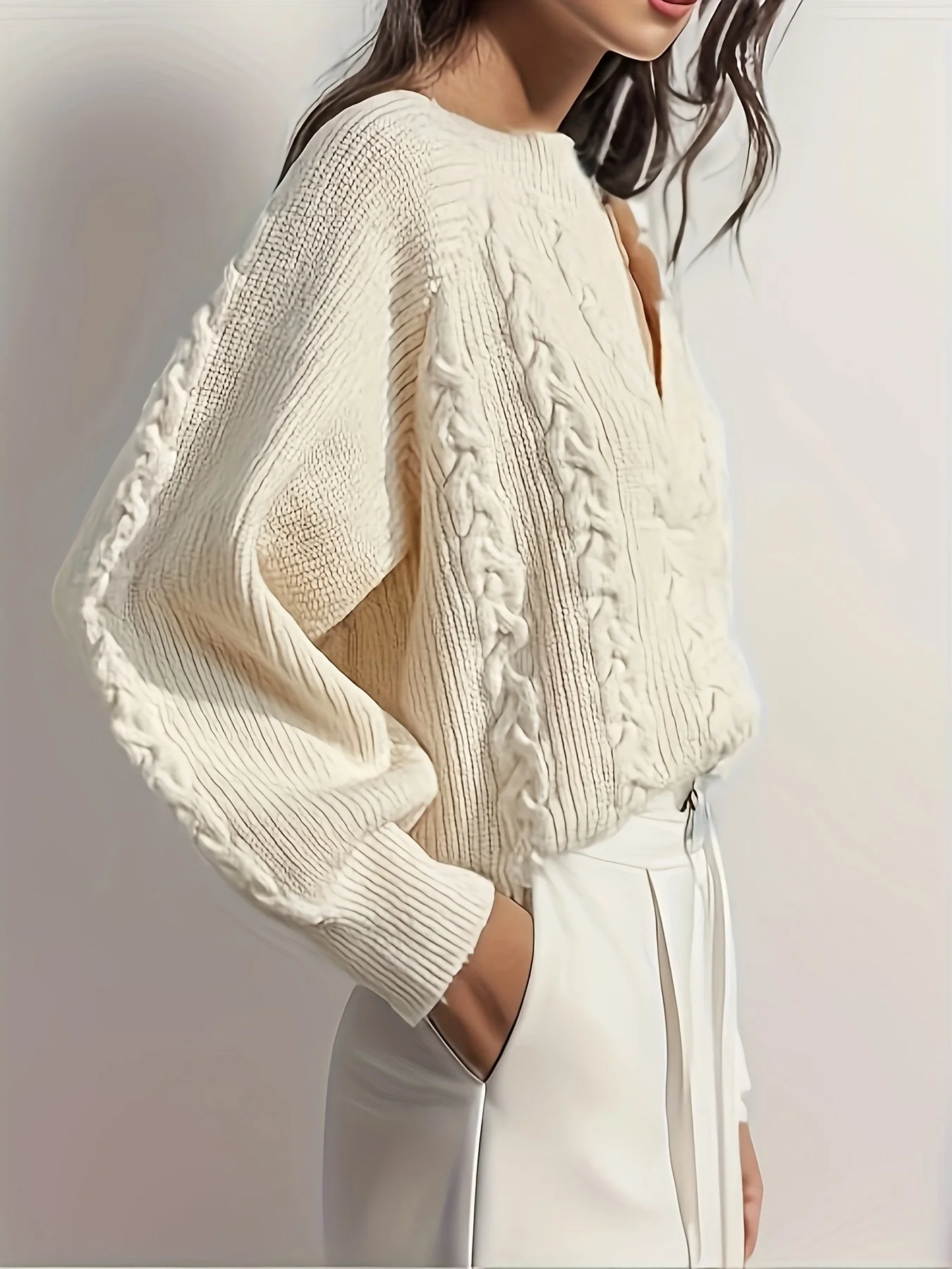 deanwangkt-1  Solid Notched Neck Cable Knit Sweater, Casual Long Sleeve Raglan Shoulder Sweater, Women's Clothing - Deanwangkt