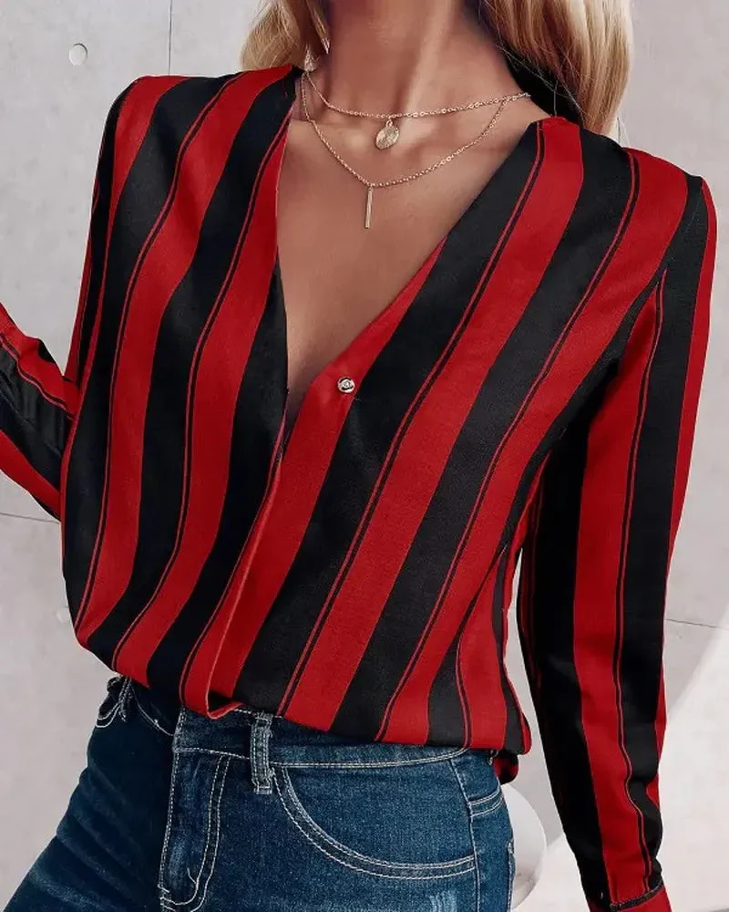 Deanwangkt - Relaxed Deep V Stripe Long Sleeve Blouse - Deanwangkt