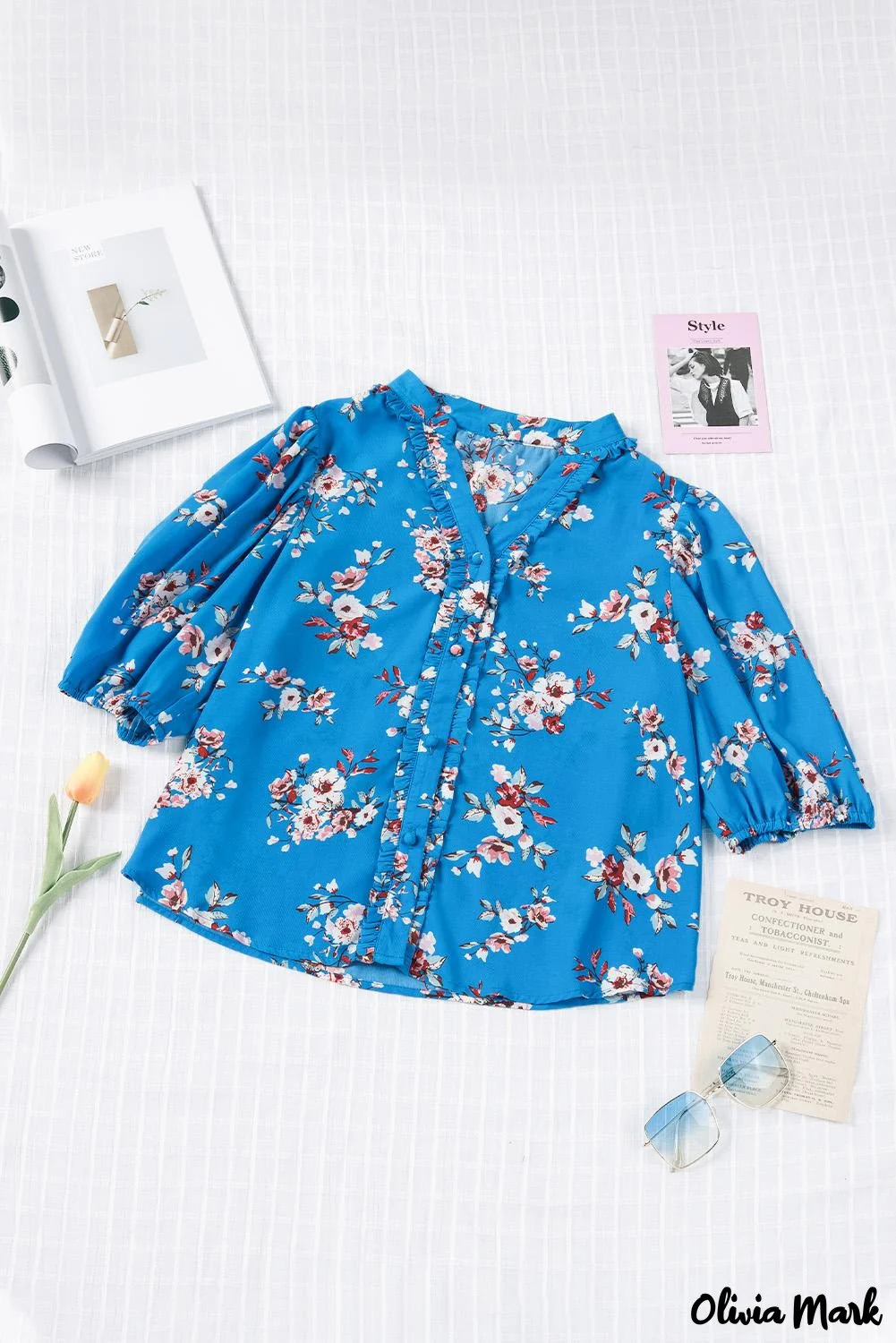 Deanwangkt - Blue Floral Print Button Up Puff Sleeve Blouse - Deanwangkt