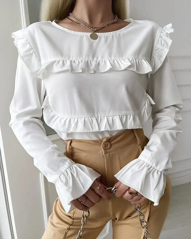 Deanwangkt - Frill Hem Crew Neck Long Sleeve Top - Deanwangkt