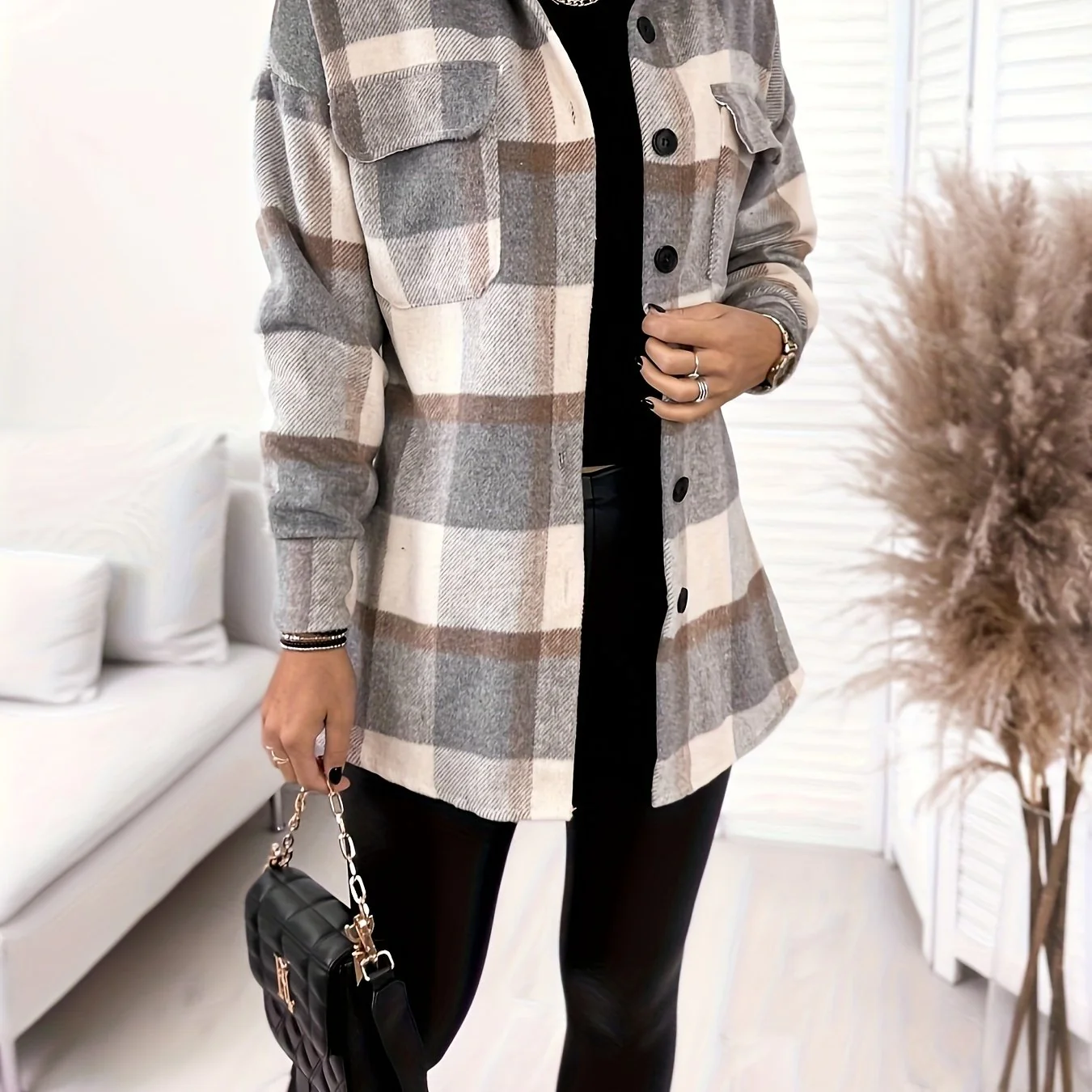 deanwangkt-1  Plaid Print Shacket Jacket, Casual Button Front Long Sleeve Outerwear, Women's Clothing - Deanwangkt