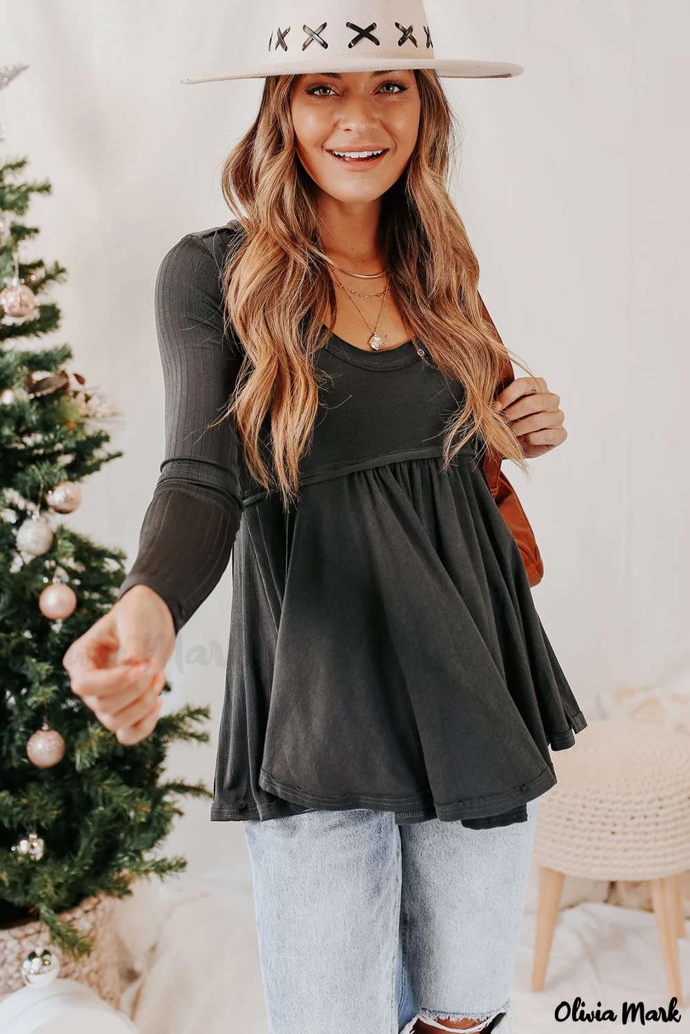 Deanwangkt - Black Babydoll Blouse with Long Sleeves and Solid Color Buttons - Deanwangkt