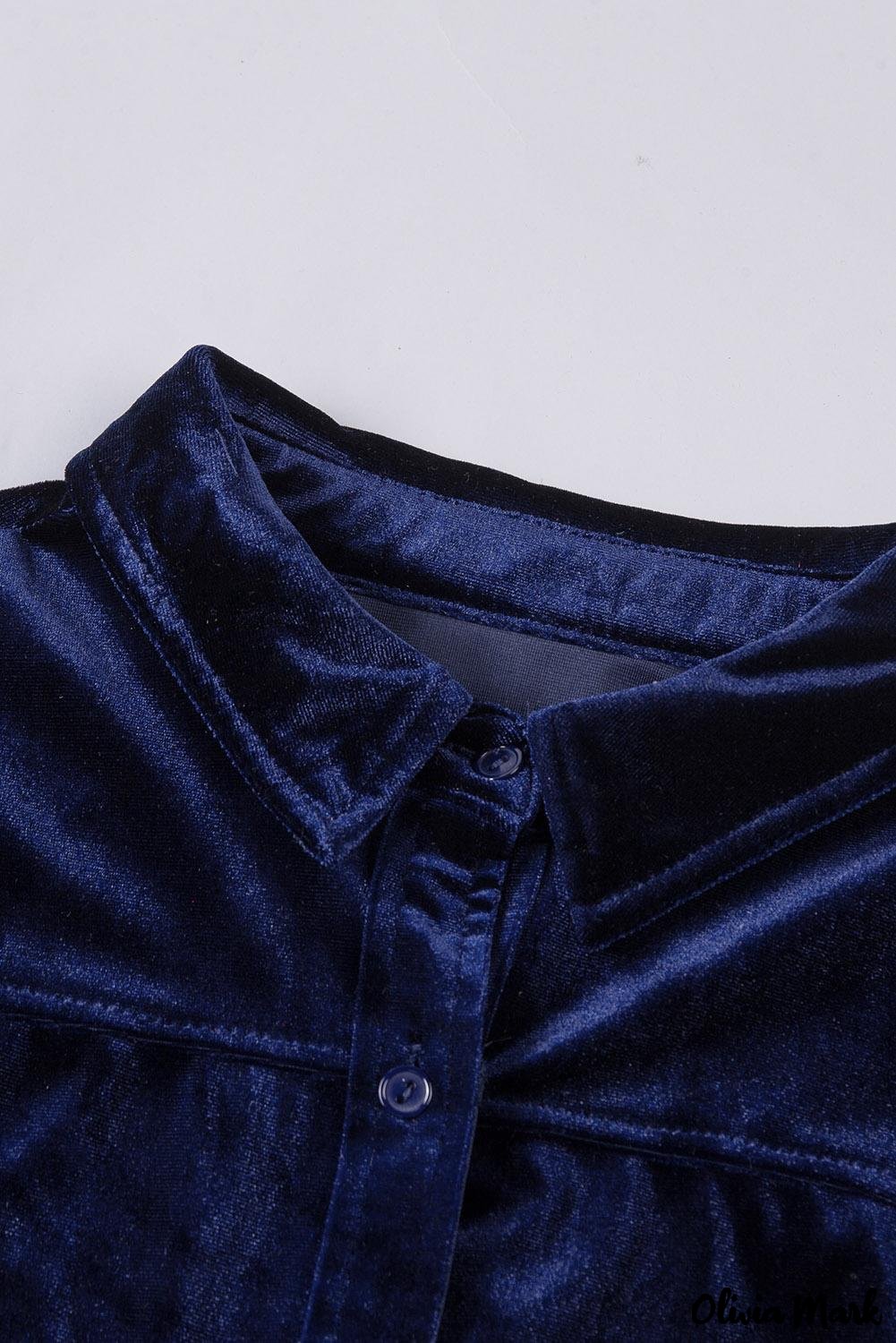 Deanwangkt - Navy Velvet Button Pocket Long Sleeve Shirt - Deanwangkt