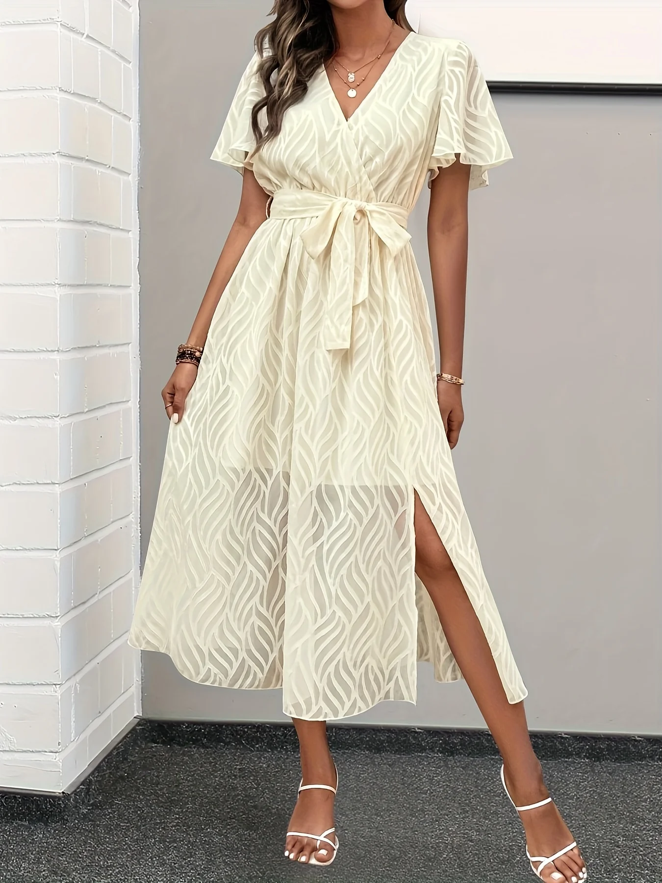 deanwangkt-1  Belted Flutter Sleeve Dress, Casual V-neck Dress For Spring & Summer, Women's Clothing - Deanwangkt