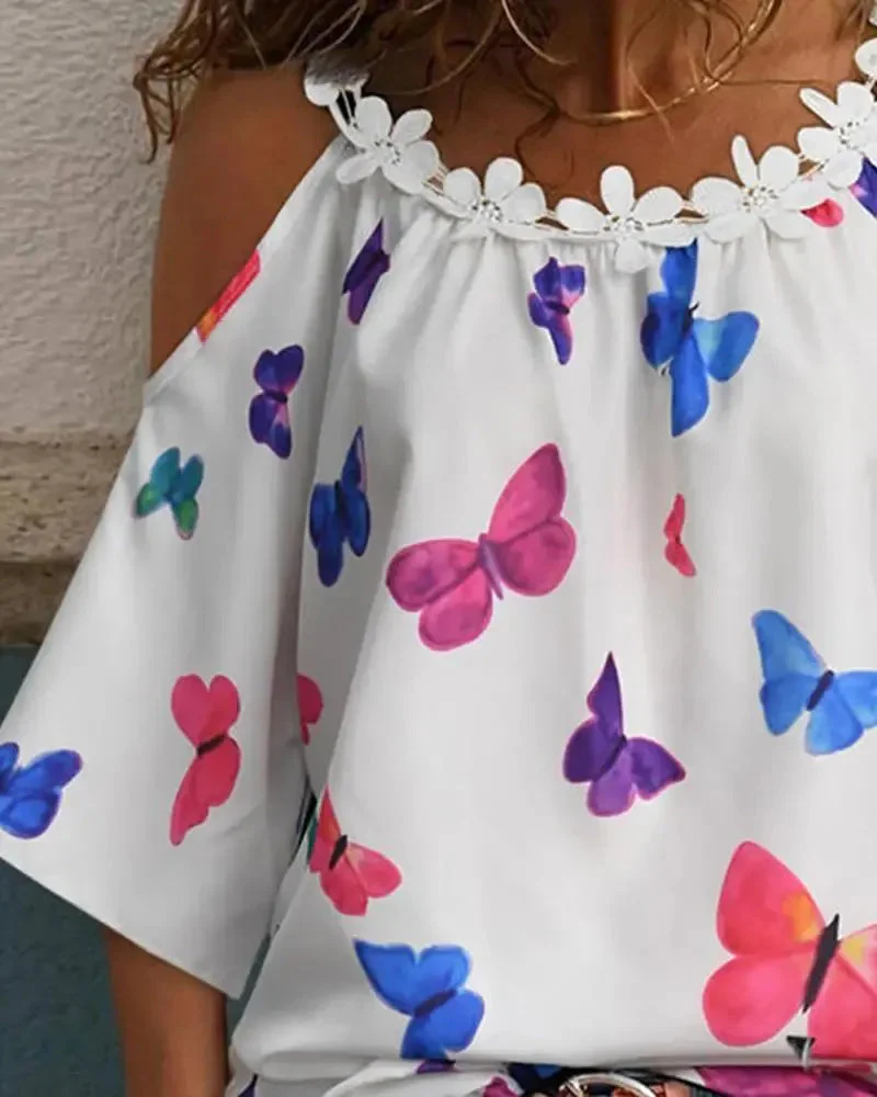 Deanwangkt - Floral Appliqué Butterfly Print Off-the-Shoulder Top - Deanwangkt