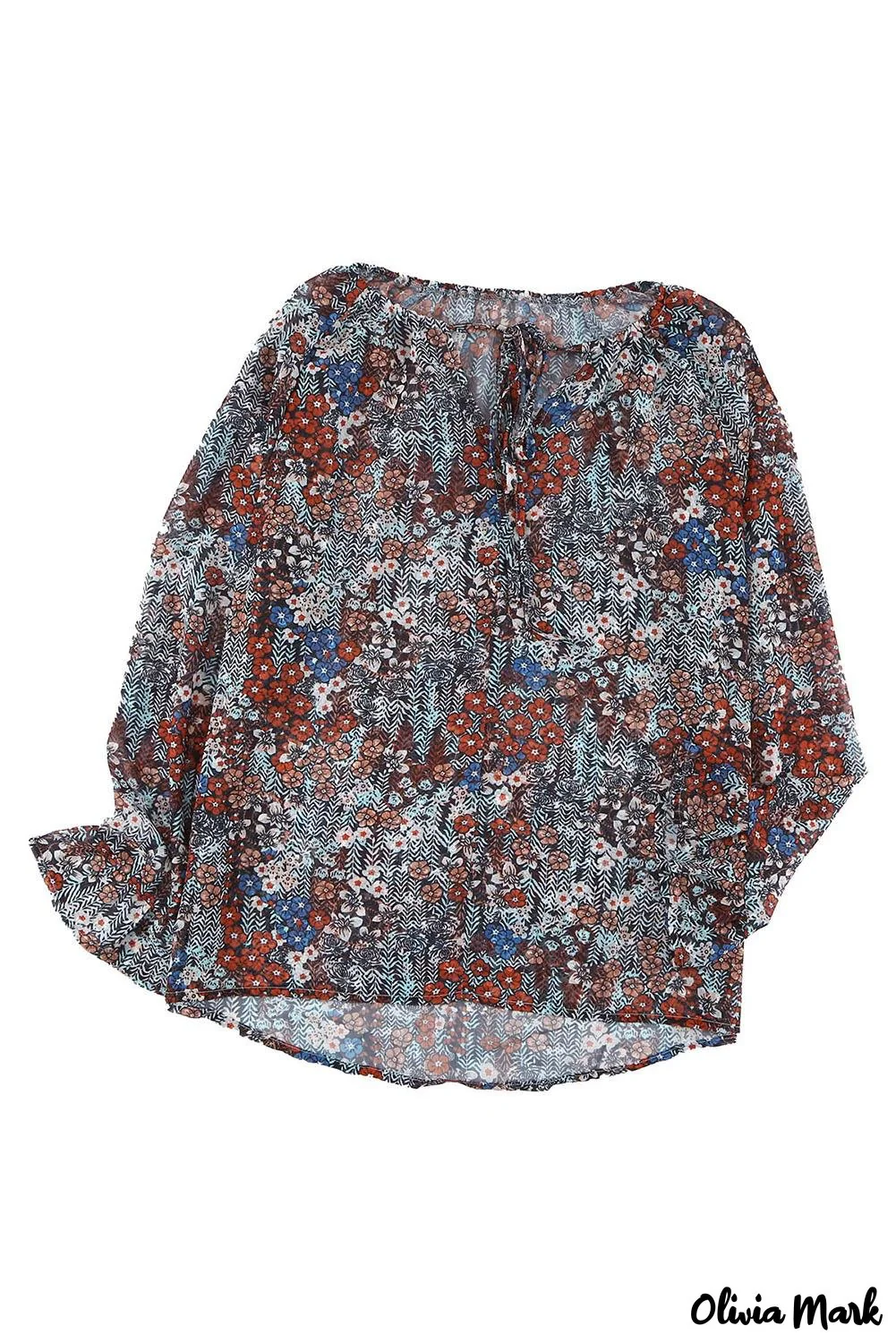 Deanwangkt - Multicolor Floral Print Drawstring Long Sleeve Blouse - Deanwangkt