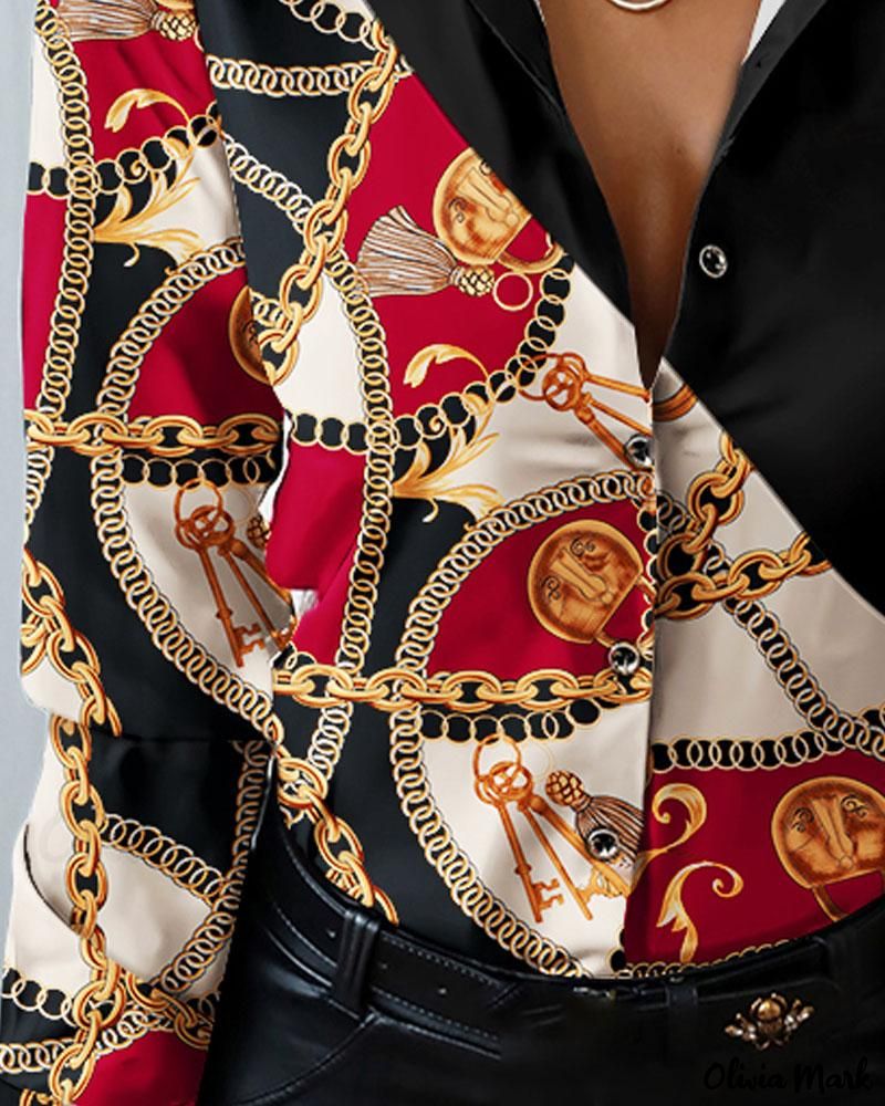 Deanwangkt - Long Sleeve Button Down Shirt with Chain Print Scarf Design - Deanwangkt