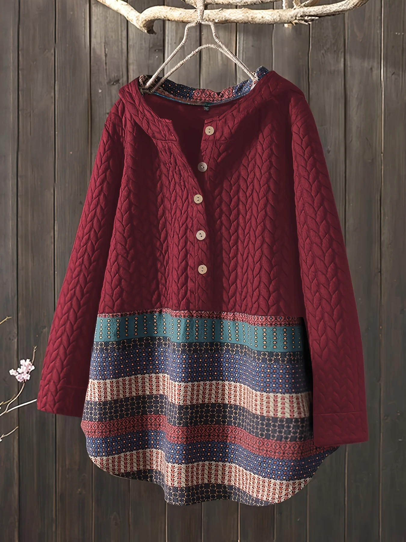 deanwangkt-1  Tribal Print Long Sleeve Hooded Padded Jacket, Casual Button Front Loose Hem Outerwear, Women's Clothing - Deanwangkt