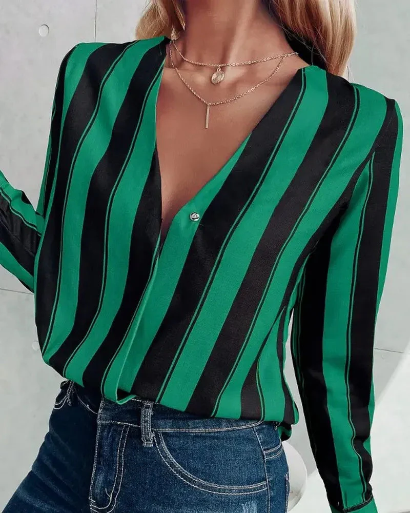 Deanwangkt - Relaxed Deep V Stripe Long Sleeve Blouse - Deanwangkt