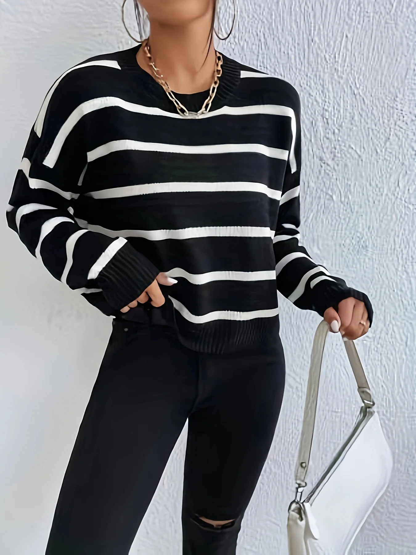 deanwangkt-1  Striped Crew Neck Pullover Sweater, Casual Long Sleeve Drop Shoulder Sweater, Women's Clothing - Deanwangkt