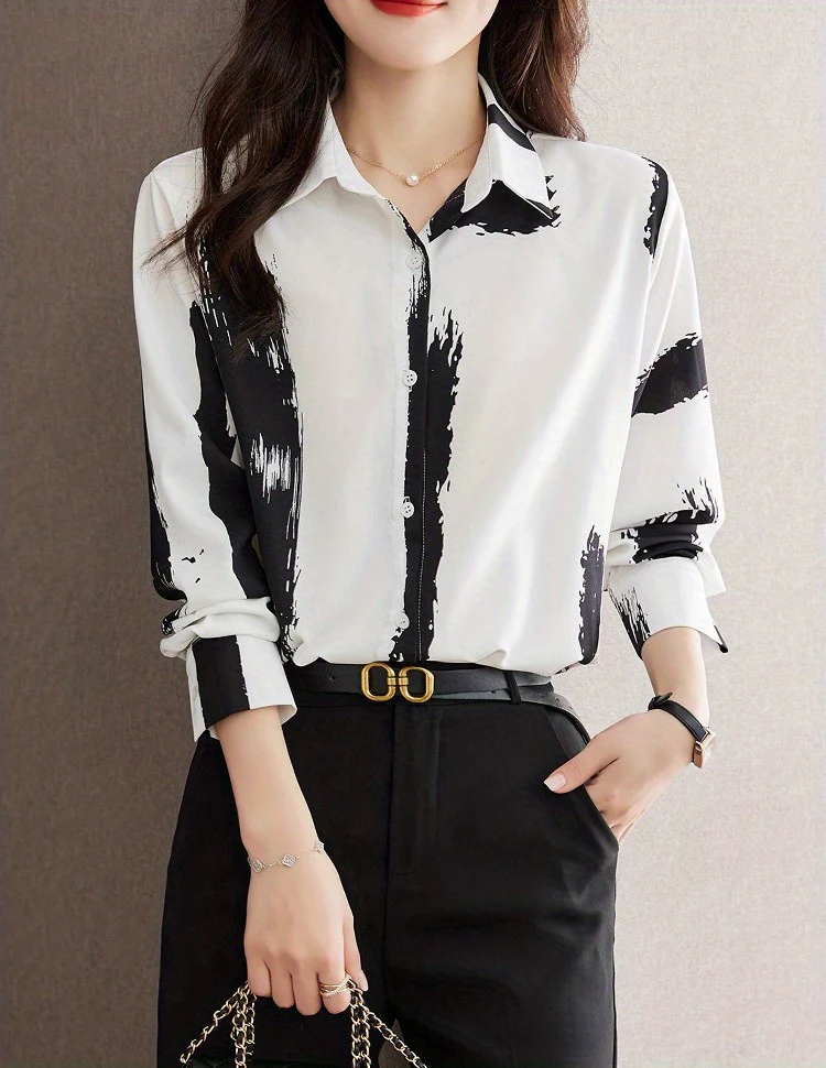 Brush Print Button Front Shirt, Casual Turn Down Collar Long Sleeve Shirt, Women's Clothing - Deanwangkt