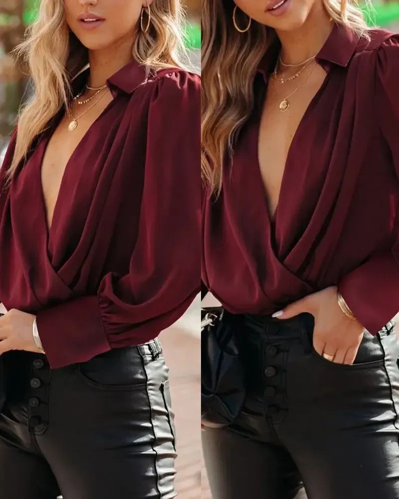 Deanwangkt - Long Sleeve Plunge Neck Top - Deanwangkt