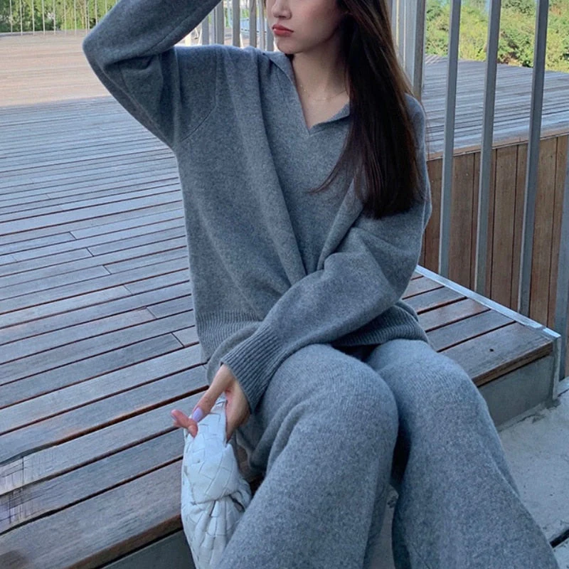 Christmas Gift 2 Piece Set Women Casual Outwear Korean Tracksuits Office Lady Deanwangkt Winter Knitted Suits Loose Pants + Sweater Sets Pure Color - Deanwangkt
