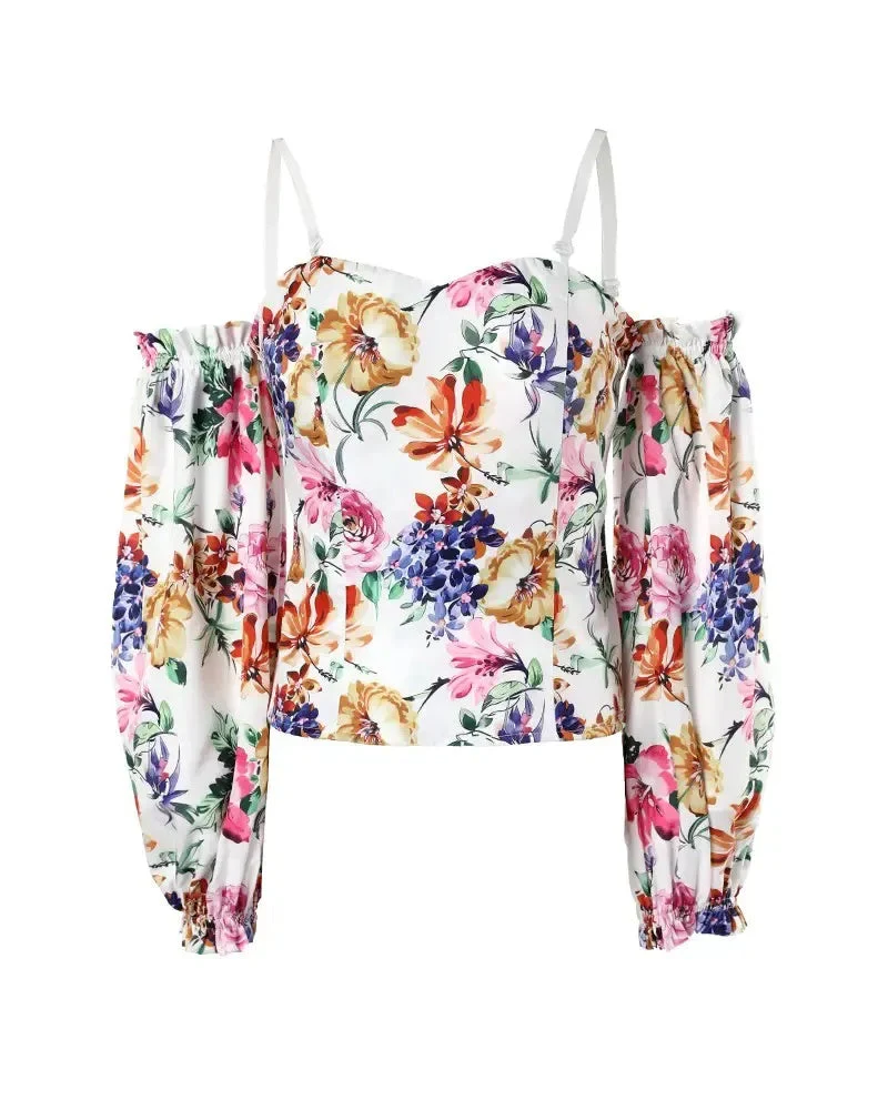 Deanwangkt - Floral Print Off Shoulder Frill Hem Top - Deanwangkt
