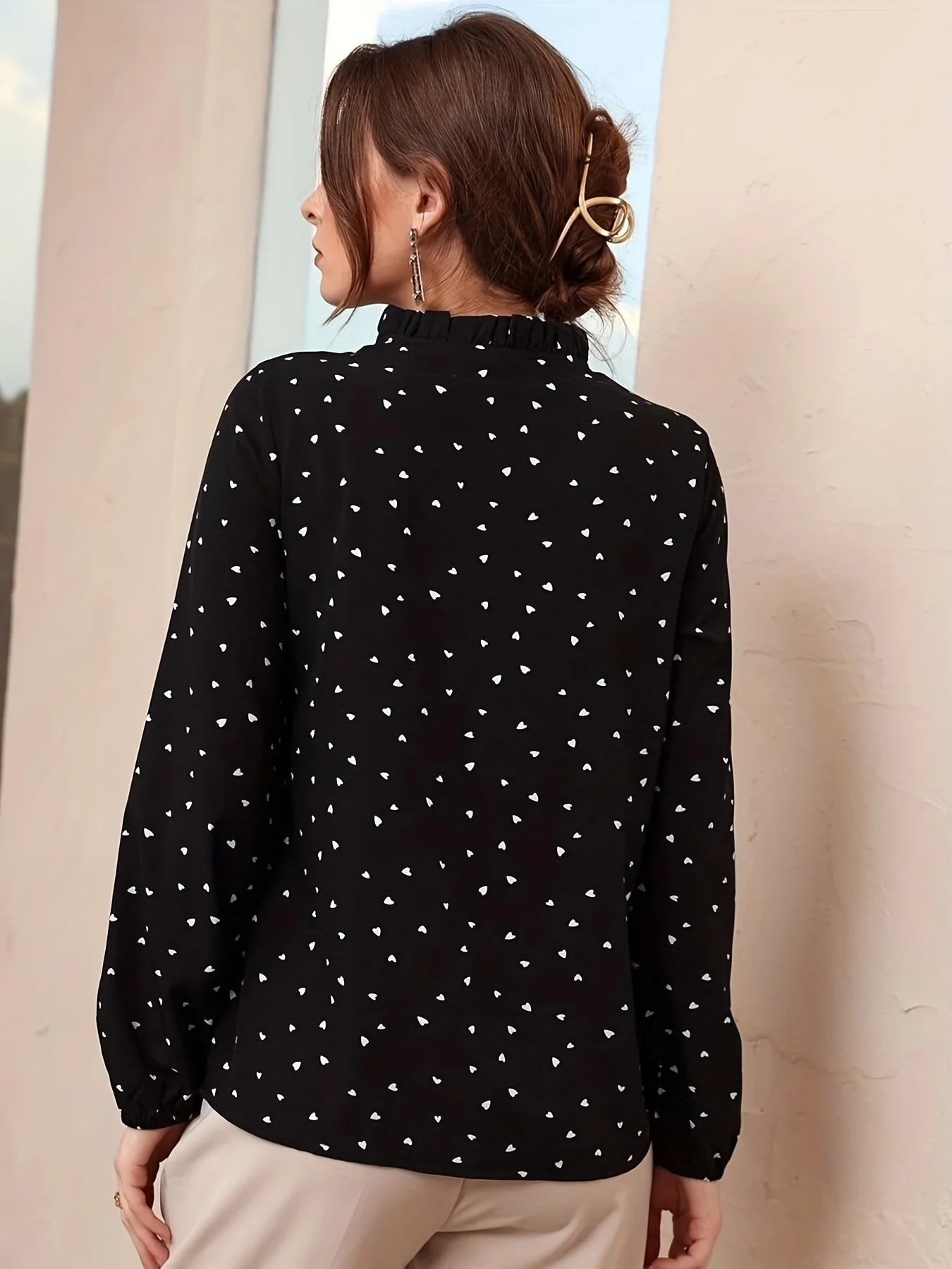 Confetti Heart Print Blouse, Elegant Tie Front Long Sleeve Blouse, Women's Clothing - Deanwangkt