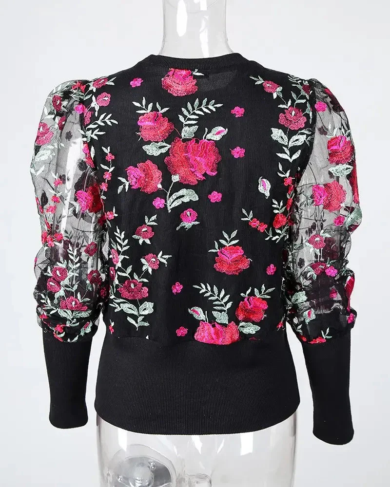 Deanwangkt - Floral Embroidered Sheer Tulle Puff Sleeve Top - Deanwangkt