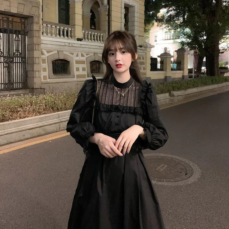 Christmas Gift Deanwangkt Autumn Gothic Black Lace Dress Women Casual Elegant Party Midi Ruffle Long Sleeve Dress Emo Y2k Goth Clothes - Deanwangkt