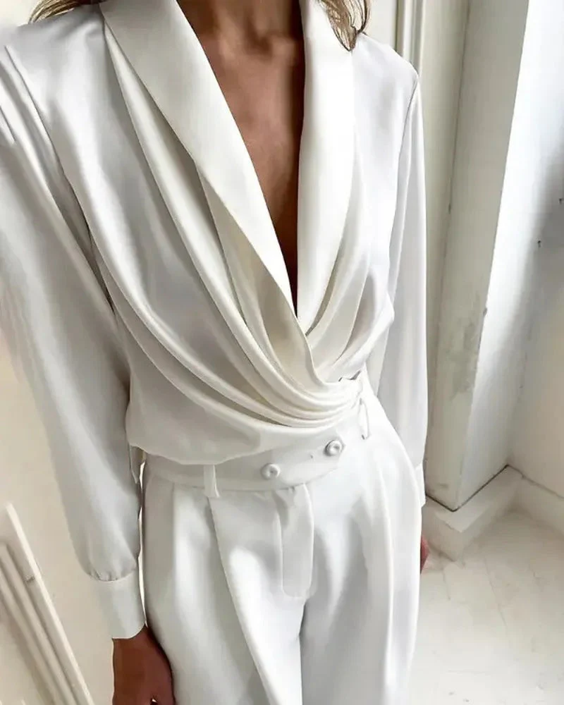 Deanwangkt - Plunging Cowl Neck Long Sleeve Ruched Top - Deanwangkt