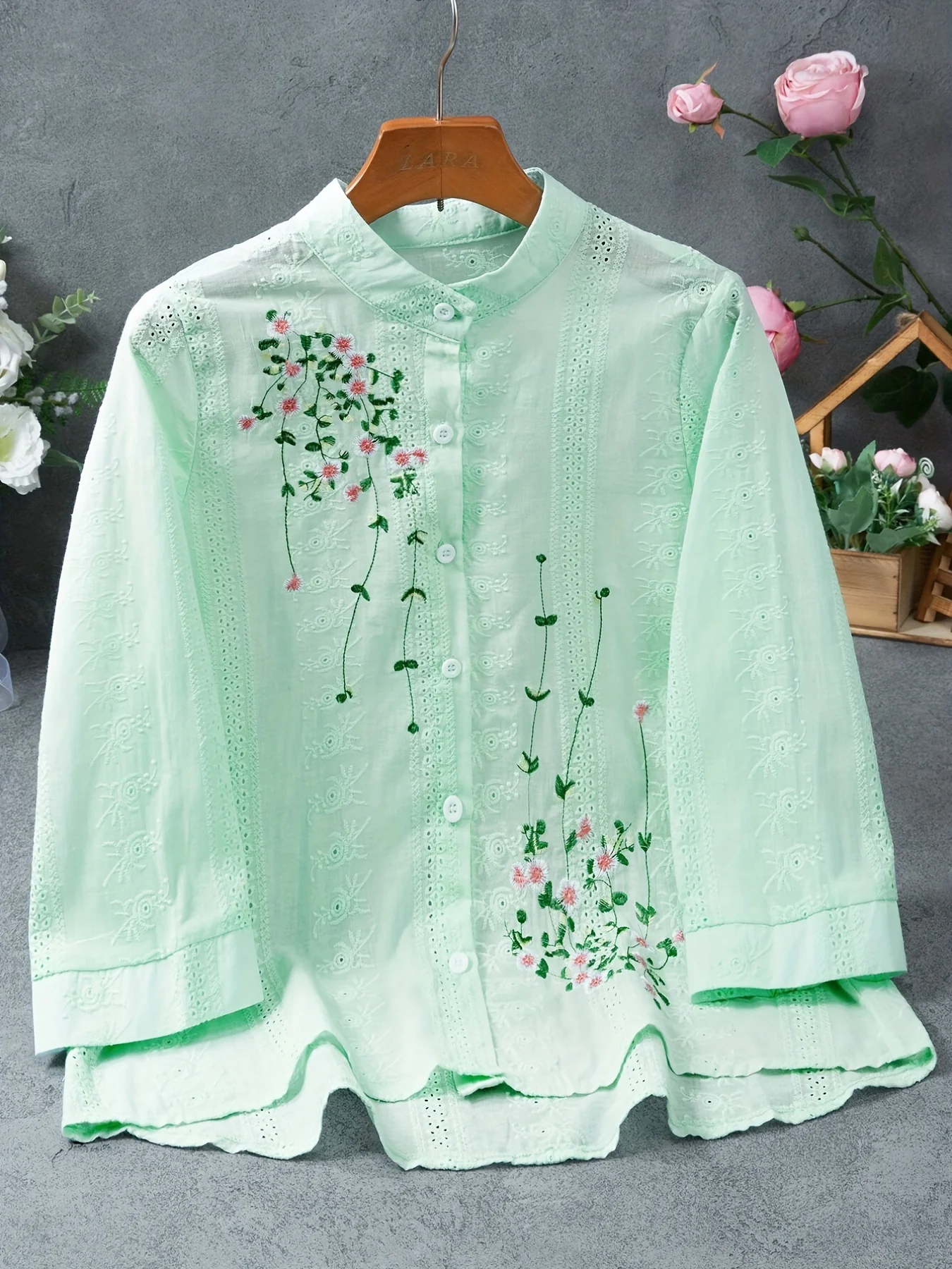 Eyelet Floral Blouse, Elegant Button Front Blouse For Spring & Summer, Women's Clothing - Deanwangkt