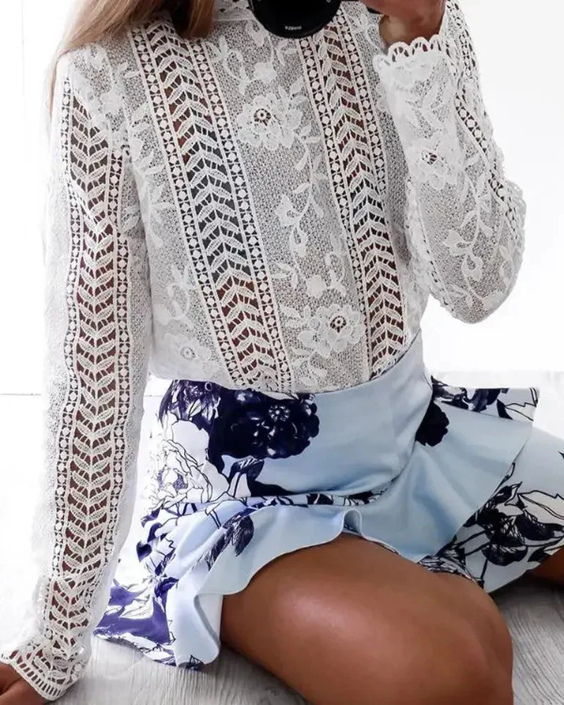Deanwangkt - Hollow Out Floral Lace Long Sleeve Top - Deanwangkt