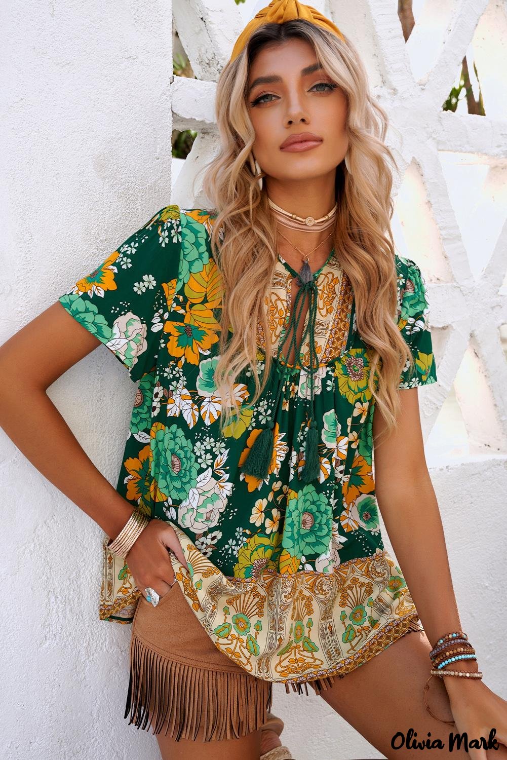 Deanwangkt - Green Bohemian Floral Print Short Sleeve Blouse - Deanwangkt