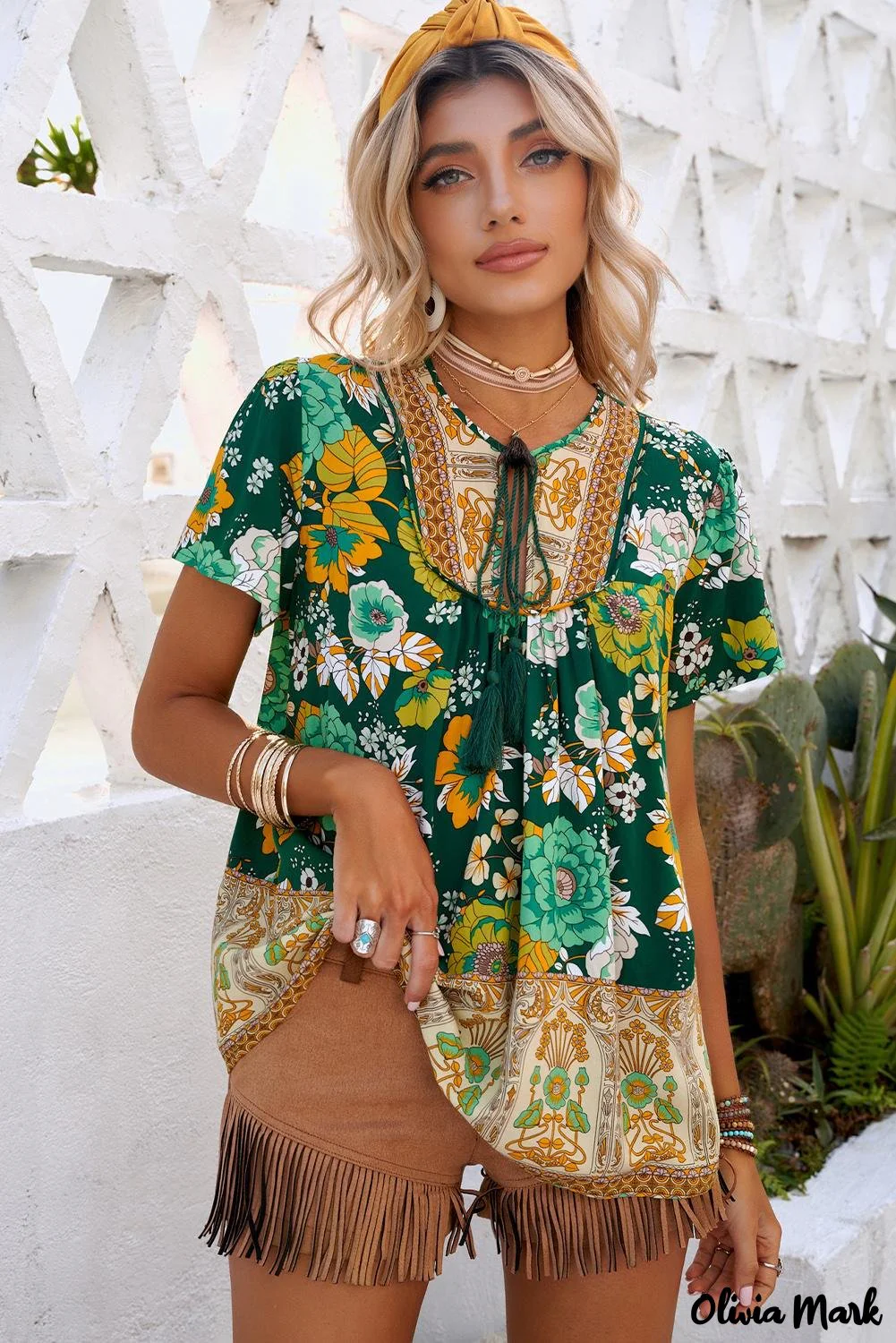 Deanwangkt - Green Bohemian Floral Print Short Sleeve Blouse - Deanwangkt