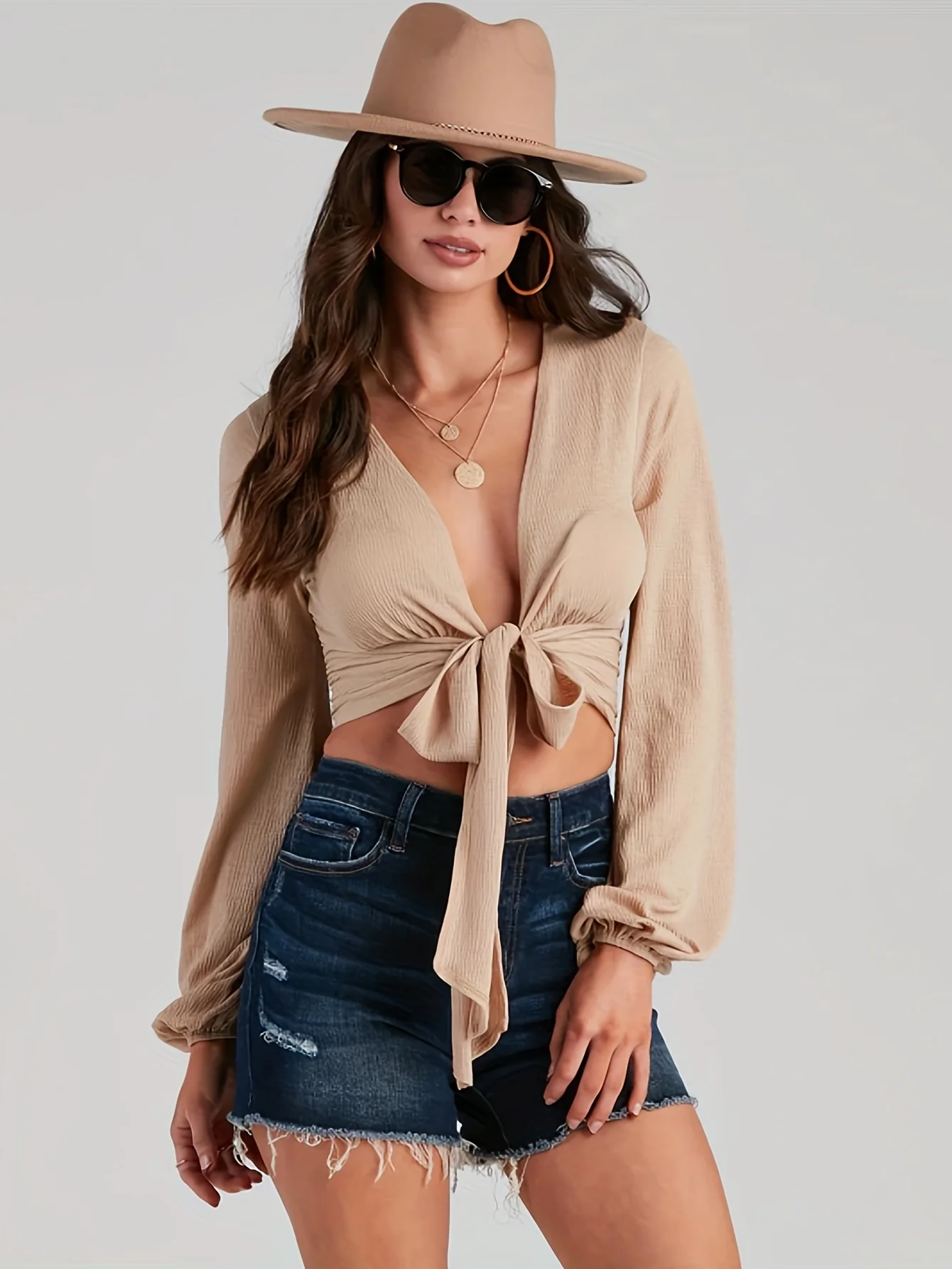 Solid Tie Front Crop Blouse, Vacation Style Lantern Sleeve Blouse For Spring & Fall, Women's Clothing - Deanwangkt