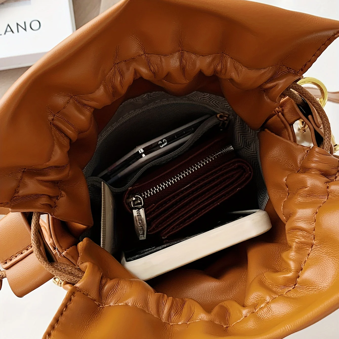 Women's Embossed Bucket Bag, Pearl Chain Crossbody Bag, Mini Top Handle Drawstring Purse (5.5*7.9) Inch - Deanwangkt