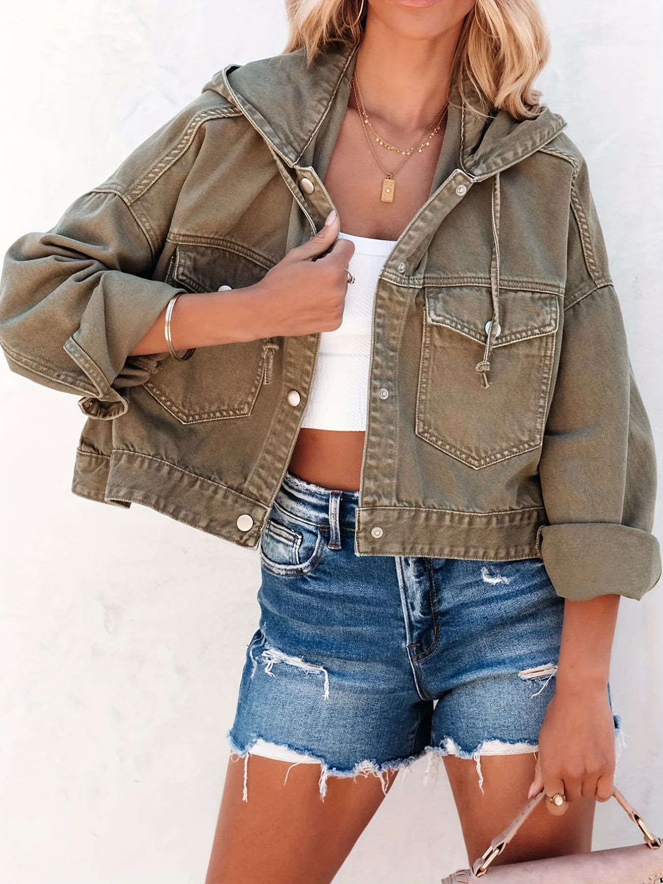 Plain Drawstring Hooded Denim Jackets, Long Sleeves Flap Pockets Cropped Denim Coats, Women's Denim Clothing - Deanwangkt