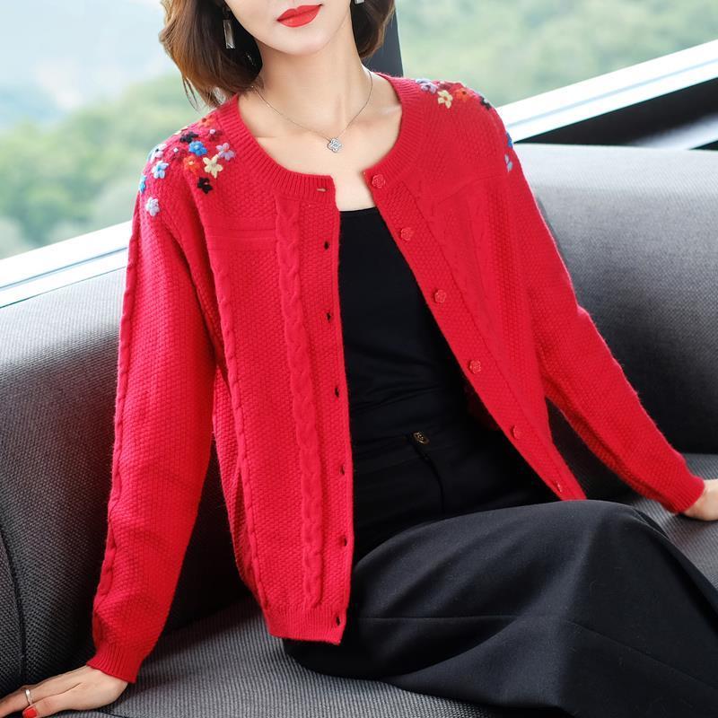 Christmas Gift Autumn Embroidery Sweater Cardigans Women Solid O-neck Casual Sweater Single Breasted Spring Loose Korean style Sweater - Deanwangkt