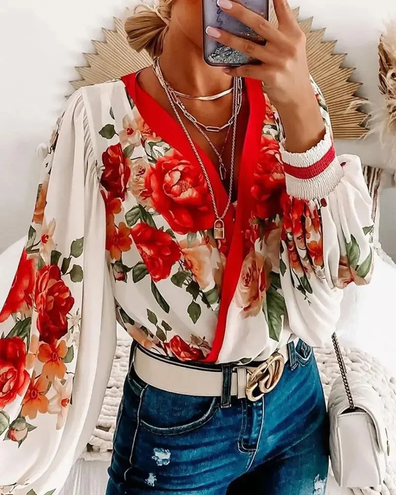 Deanwangkt - Floral Print Ruched Lantern Sleeve Top - Deanwangkt