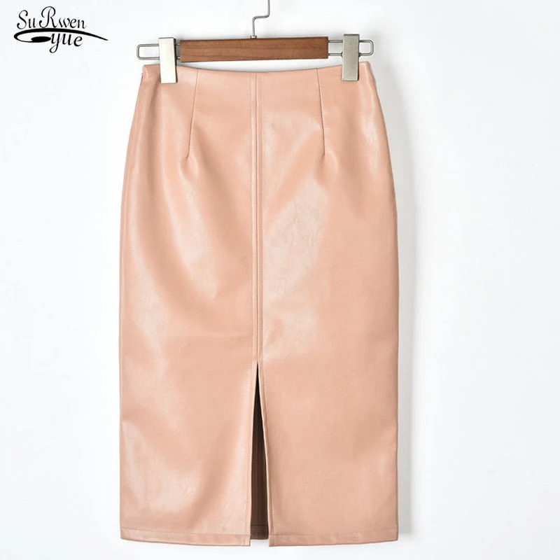 Christmas Gift Deanwangkt Summer Korean PU Leather Skirts Women High Waist Straight Midi Skirts Midi Skirt Women Plus Size Solid Split Skirts 10091 - Deanwangkt