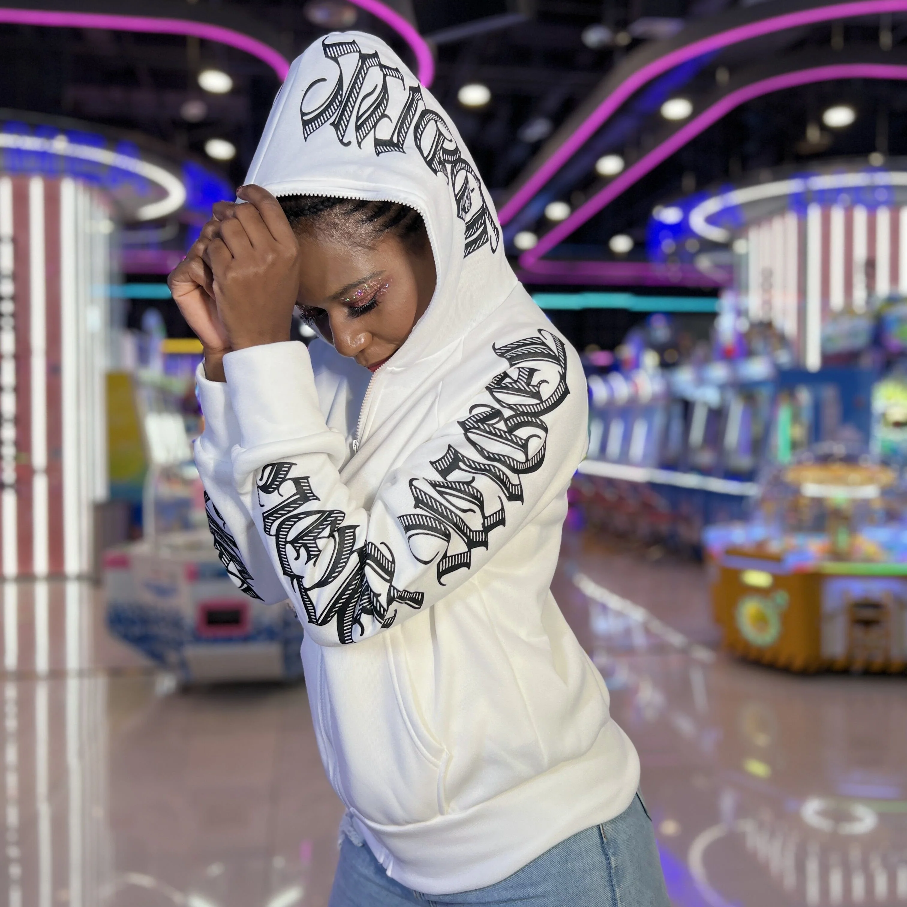 deanwangkt-1 Letter Print Hooded Jacket, Casual Zip Up Long Sleeve Kangaroo Pocket Outerwear, Women's Clothing - Deanwangkt