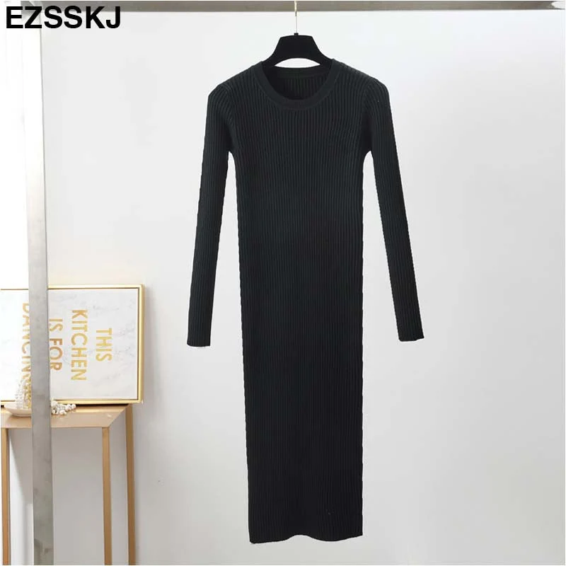 Christmas Gift Autumn Winter long Sweater dress women solid bodycon Thick dress Female Jumper O-neck slim basic knit dress Long sleeve - Deanwangkt