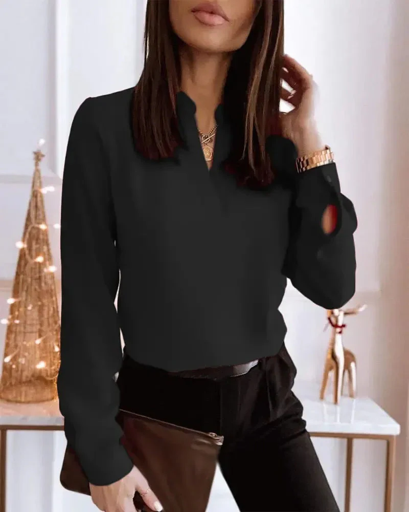 Deanwangkt - Casual Long Sleeve V-Neck Top - Deanwangkt