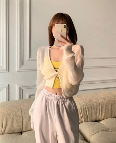 Back To School outfits Y2KV-Neck Soft Sweater Cardigan Jacket Thin Female Deanwangkt New Spring And Autumn Cashmere Mohair Short Slim Long Sleeve Jacket - Deanwangkt
