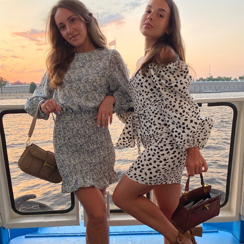 Christmas Gift  New Deanwangkt Women Summer Autunm Dresses Floral Printed Vintage High Waist Korean Package Hip Lady Mini Dresses DR21107 - Deanwangkt