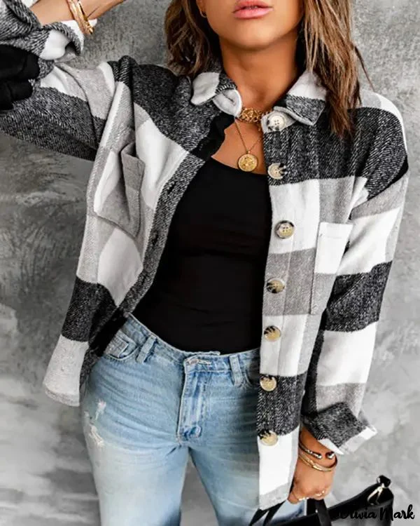 Deanwangkt - Plaid Print Long Sleeve Jacket With Button Pocket - Deanwangkt