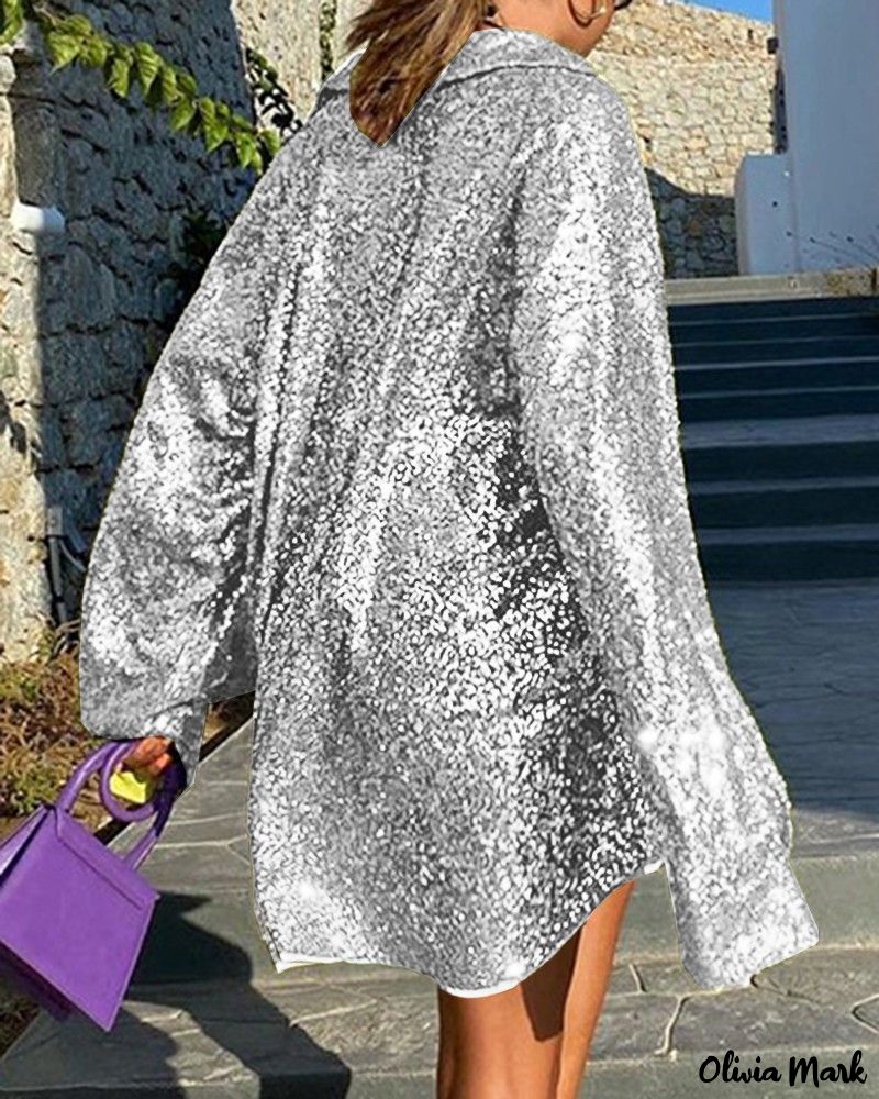 Deanwangkt - Stylish Long Sleeve Top with Allover Sequin Detail and Turn-down Collar - Deanwangkt