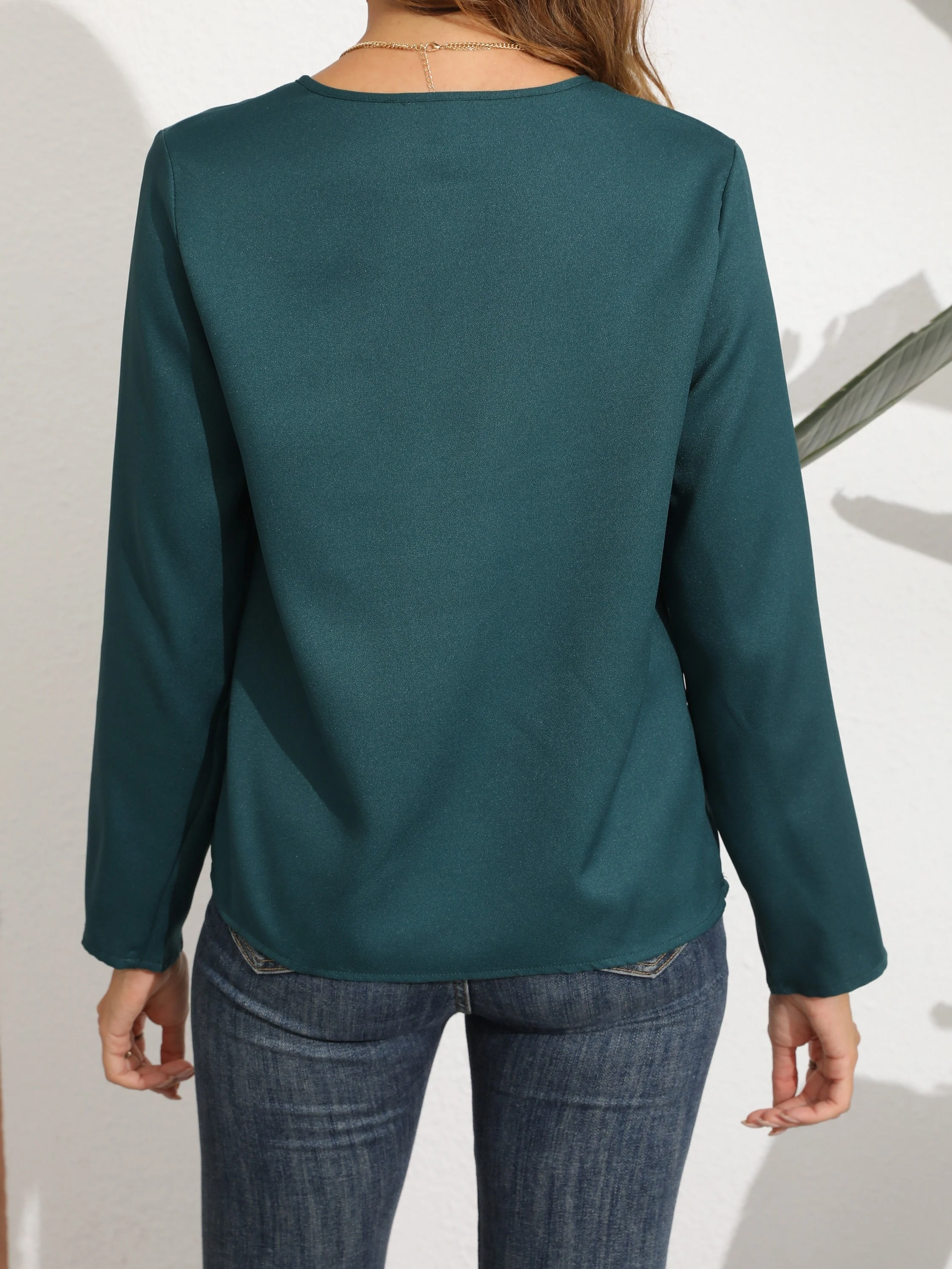 Elegant Solid Crew Neck Shirts, Long Sleeve Casual Every Day Blouses Top For Spring & Fall, Women's Clothing - Deanwangkt