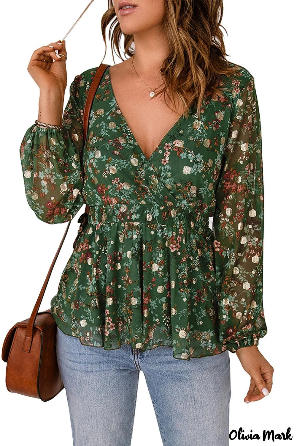 Deanwangkt - Green Floral Print Wrap V-Neck Peplum Top - Deanwangkt