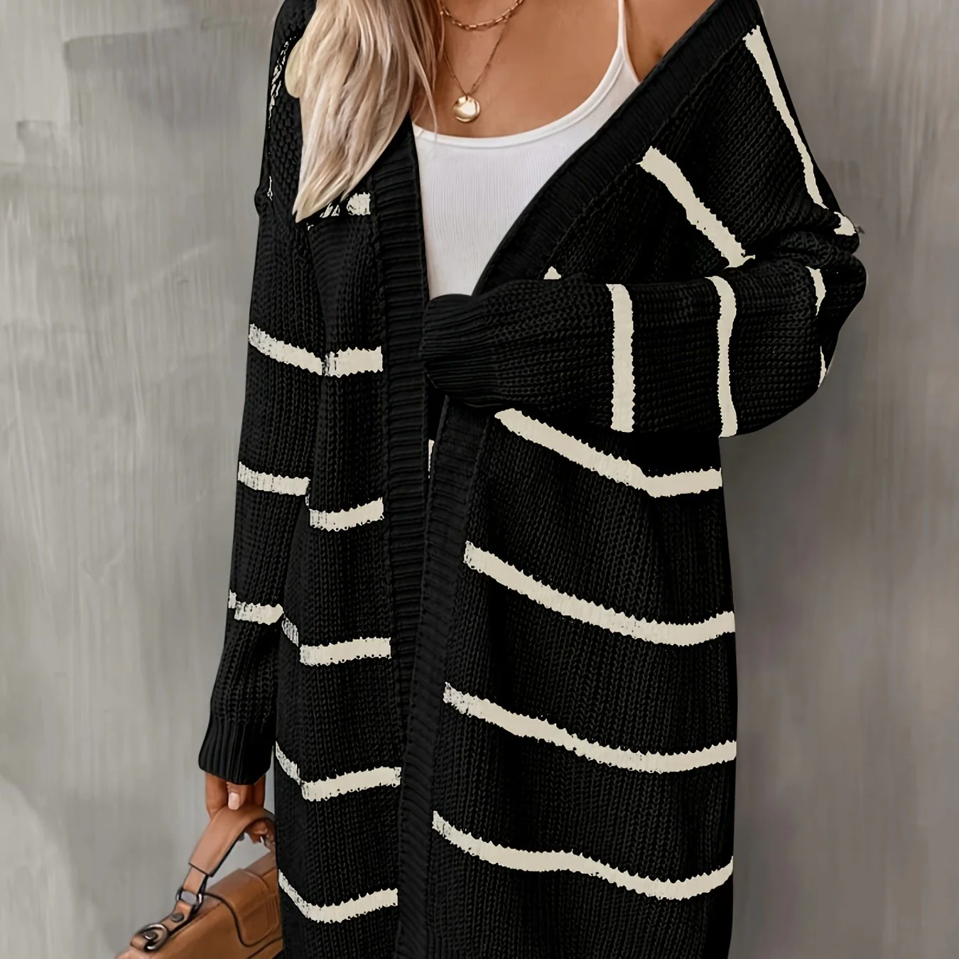 deanwangkt-1 Striped Open Front Drop Shoulder Cardigan, Casual Long Sleeve Cardigan For Fall & Winter, Women's Clothing - Deanwangkt