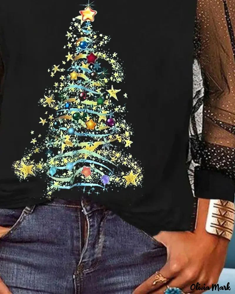 Deanwangkt - Christmas Tree Print Sheer Mesh Long Sleeve Top - Deanwangkt