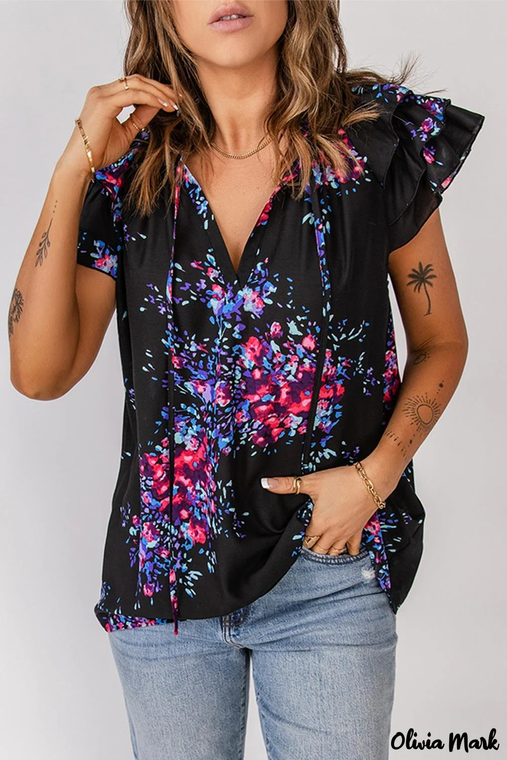 Deanwangkt - Black Tie-Dye Print Split V-Neck Butterfly Sleeve Blouse - Deanwangkt