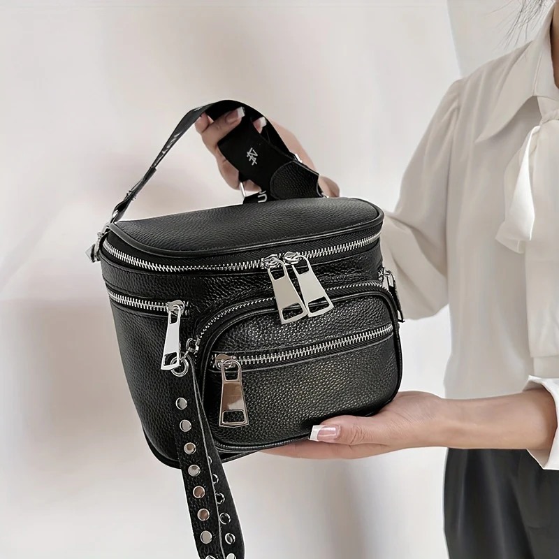 deanwangkt-1 Genuine Leather Black Chest Bag, Studded Double Zipper Waist Bag, Solid Color Stylish Fanny Pack - Deanwangkt